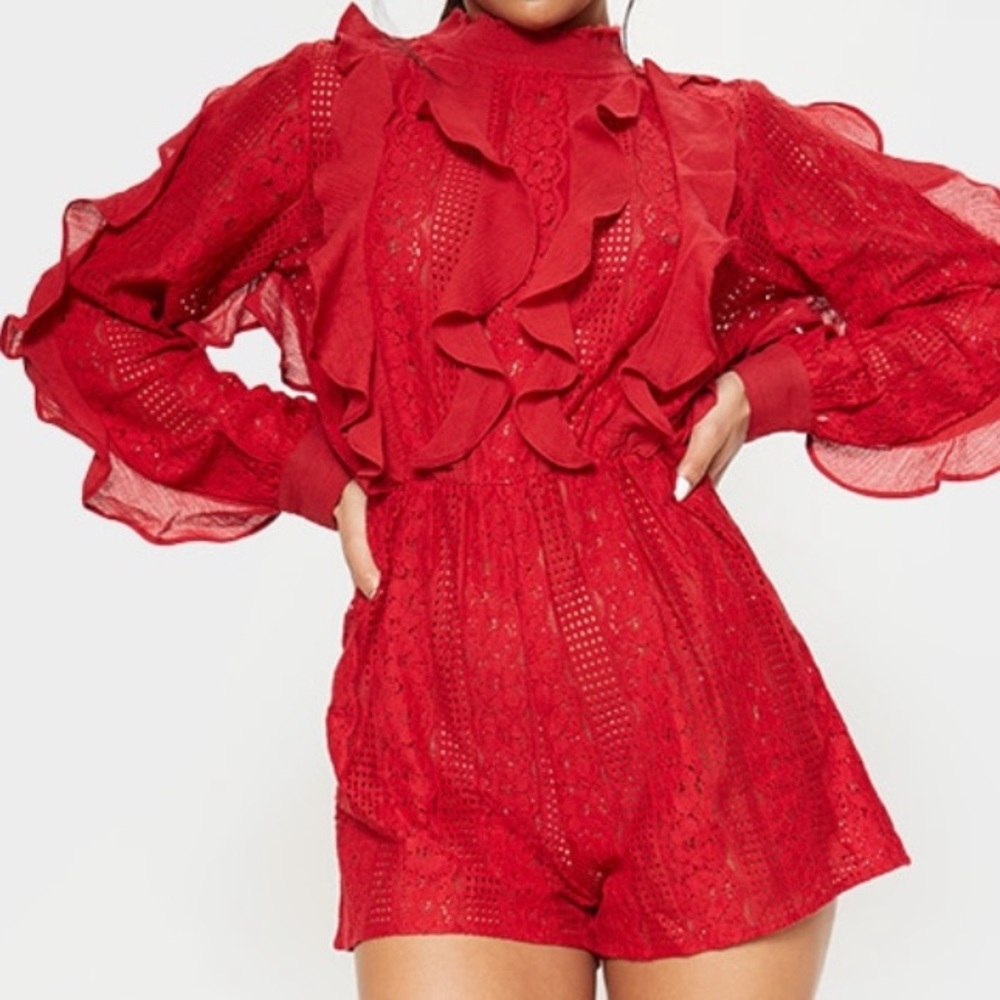 Red lace frill detail long sleeve romper